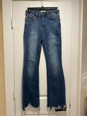 Women's Blue Distressed Flare Jeans with Raw Hem
